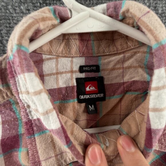 Quiksilver Beige Red Plaid Mid Medium Pocket Surf Mens Shirt Long Sleeve Flannel - Picture 10 of 12